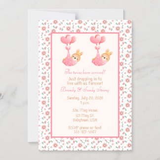 Invitation Magnétique Fête de naissance de jumelles Thème Bécasseau Rose