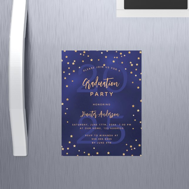 Invitation Magnétique Fête de remise de diplôme bleu marine année étoile (Créateur téléchargé)