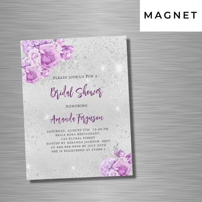 Invitation Magnétique Fête des mariées de luxe de fleurs violet rose arg (Créateur téléchargé)