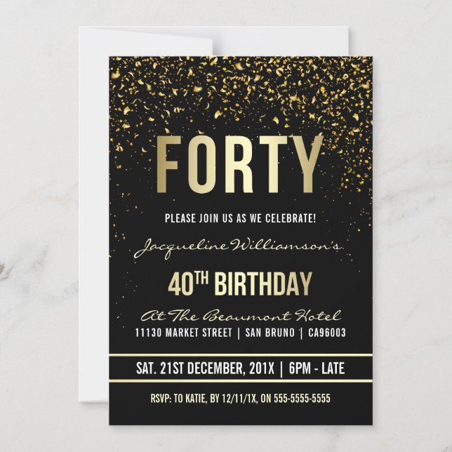 Invitation Magnétique Fête du 40e anniversaire | Confetti en or chatoyan (Recto)