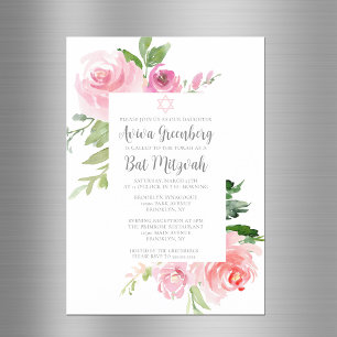 Invitation Magnétique Fête élégante de Bat Mitzvah à l'aquarelle rose