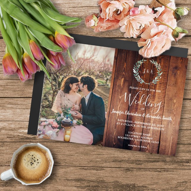 Invitation Magnétique Feuilles rustiques sur la grange Mariage photo mon (Rustic watercolor leaves, barn wood photo magnetic wedding invitation.)