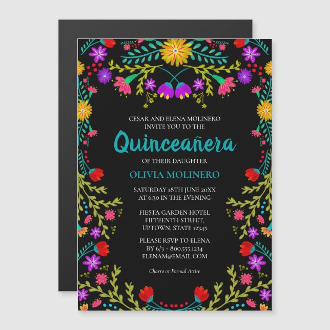 Invitation Magnétique Fiesta Florale noire Quinceanera Party (Devant / Derrière)