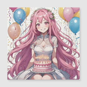 Invitation Magnétique Fille Anime Anniversaire rose