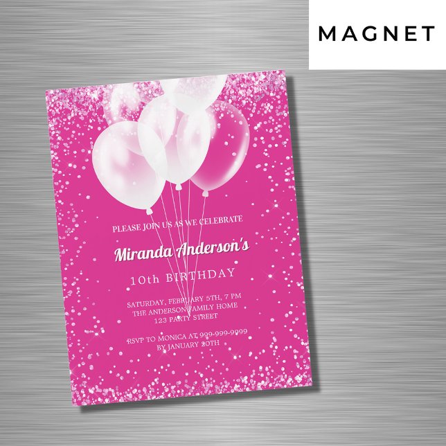 Invitation Magnétique Fille fête d'anniversaire hot rose blanc ballons l (Créateur téléchargé)