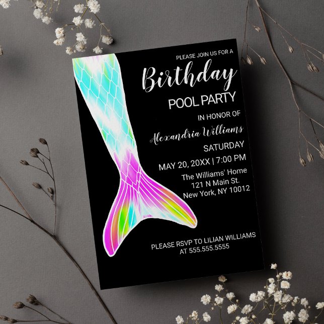 Invitation Magnétique Fille Pink Lime Green Mermaid Piscine de queue Ann (Girly Pink Lime Green Mermaid Tail Pool Birthday M Magnetic )