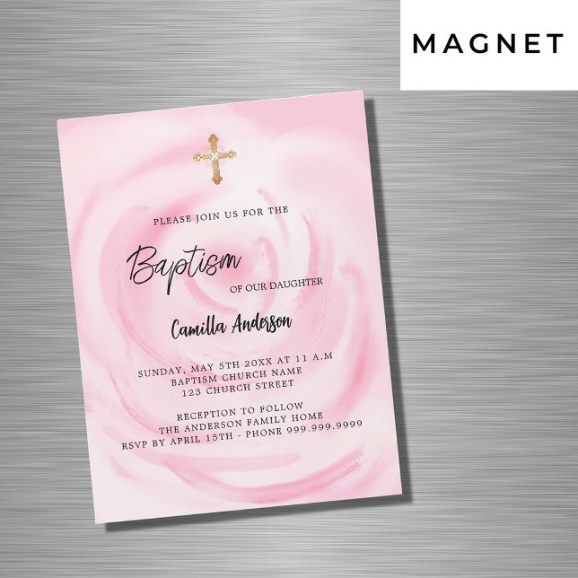 Invitation Magnétique Fille rose florale luxe Baptême (Créateur téléchargé)