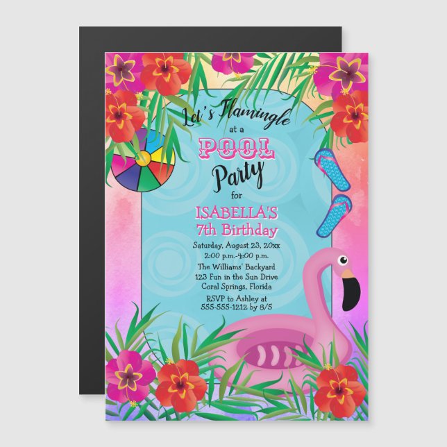 Invitation Magnétique Flamingle rose Floral 7e anniversaire Pool Party (Devant / Derrière)