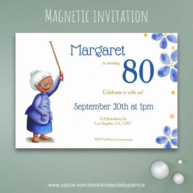 Invitation Magnétique Fleur Bleue Grand-mère noire 80e Anniversaire (Créateur téléchargé)