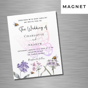 Invitation Magnétique Fleur sauvage papillon violet rose mariage de luxe