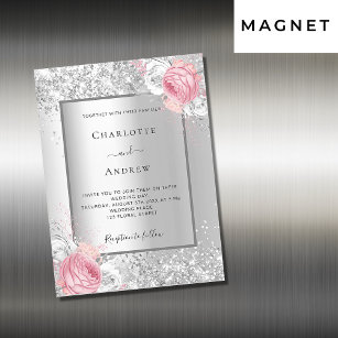 Invitation Magnétique Fleuron rose argent blanc fleuris mariage de luxe