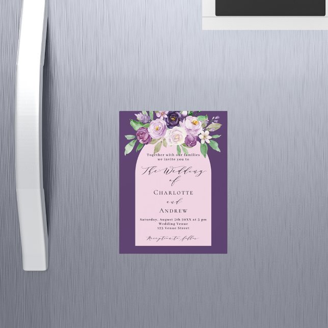 Invitation Magnétique Fleuron rose violet couleur d'eau mariage de luxe (Créateur téléchargé)