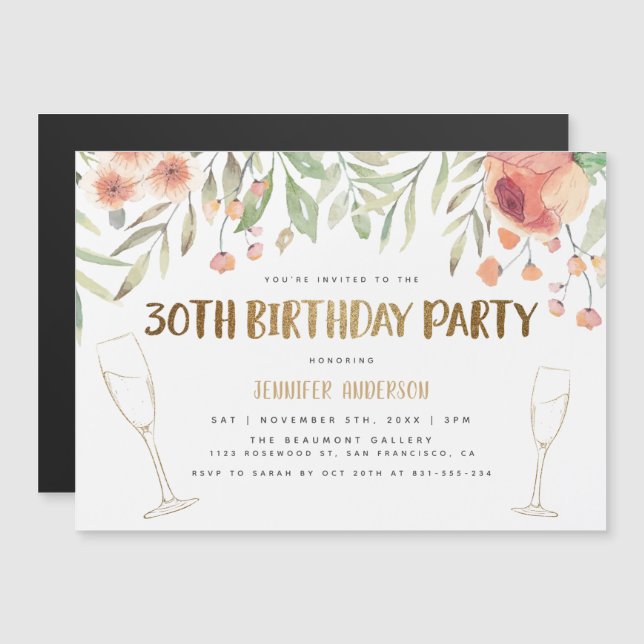 Invitation Magnétique Fleurs blanches et Champagne d'or 30e anniversaire (Devant / Derrière)