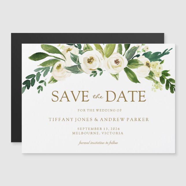 Invitation Magnétique Fleurs Blanches Fleurissant Mariage Sauvegarder La (Devant / Derrière)