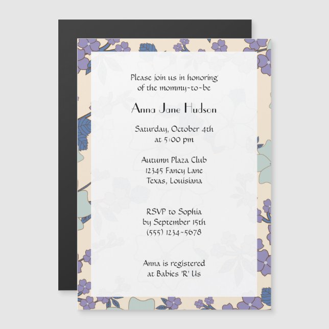 Invitation Magnétique Fleurs bleues, Fleurs violettes, Baby Shower (Devant / Derrière)