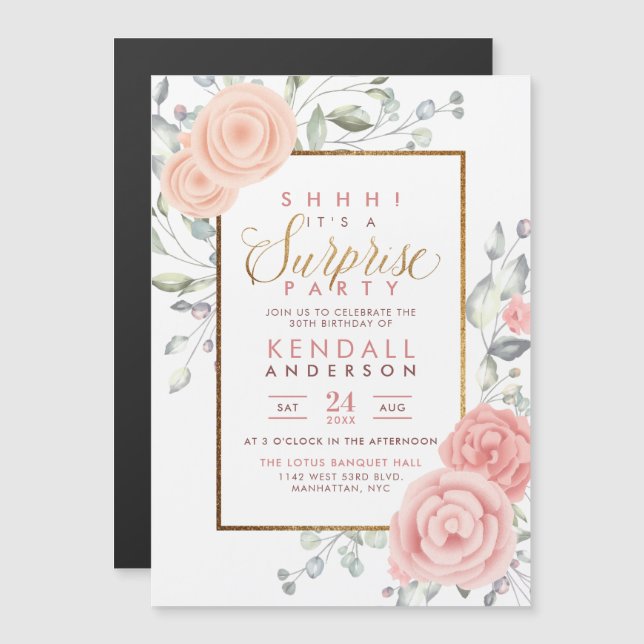 Invitation Magnétique Fleurs d'Aquarelle rose pâle Fête de la Surprise f (Devant / Derrière)