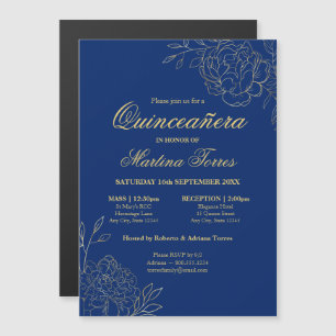 Invitation Magnétique Fleurs dorées élégantes Fleurs royales bleues Quin