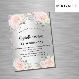 Invitation Magnétique Fleurs roses argentées parties scintillant luxe