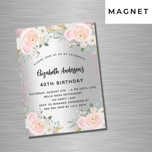 Invitation Magnétique Fleurs roses argentées parties scintillant luxe (Créateur téléchargé)