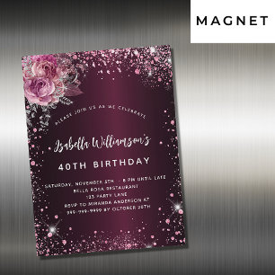 Invitation Magnétique Fleurs roses bordeaux d'anniversaire parties scint