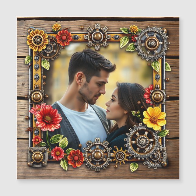 Invitation Magnétique Fleurs rouges Steampunk Photo personnalisée (Devant)