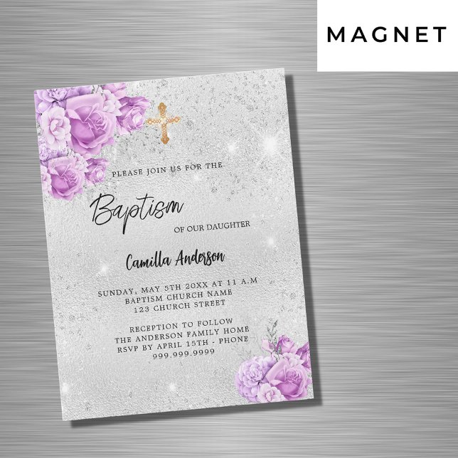 Invitation Magnétique Fleurs violet rose argent fille luxe Baptême (Créateur téléchargé)