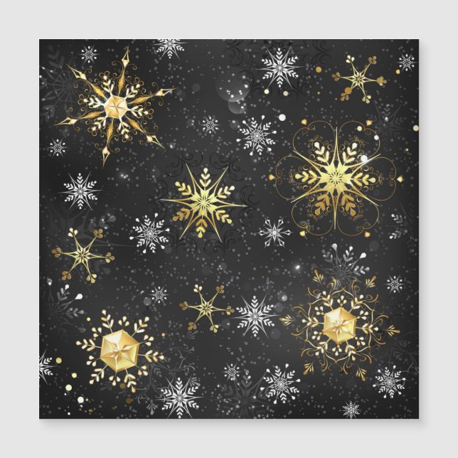 Invitation Magnétique Flocons de neige dorés de Noël sur fond noir (Devant)