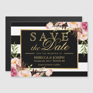 Invitation Magnétique Floral enrobé noir & blanc rayé Enregistrer la dat
