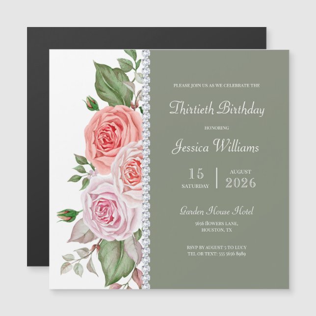 Invitation Magnétique Floral féminin & Diamant 30e anniversaire (Devant / Derrière)