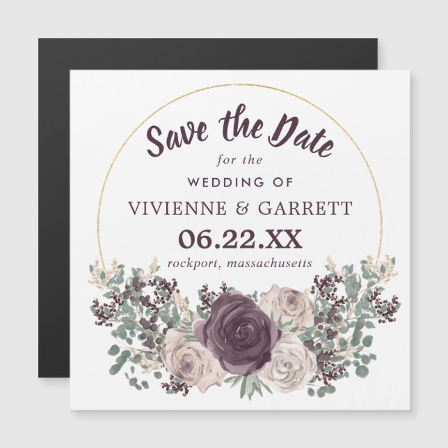 Invitation Magnétique Floral rose violet Enregistrer la date (Devant / Derrière)