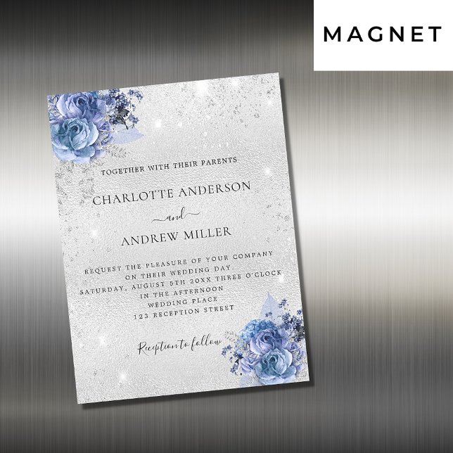 Invitation Magnétique Floraux bleu argent élégant mariage de luxe (Créateur téléchargé)
