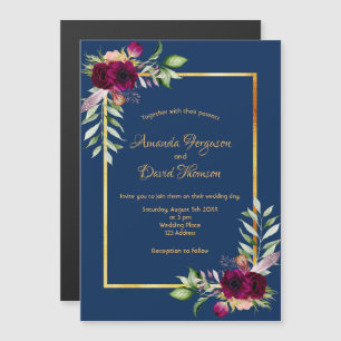 Invitation Magnétique Floraux Bourgogne or vert boho bleu mariage