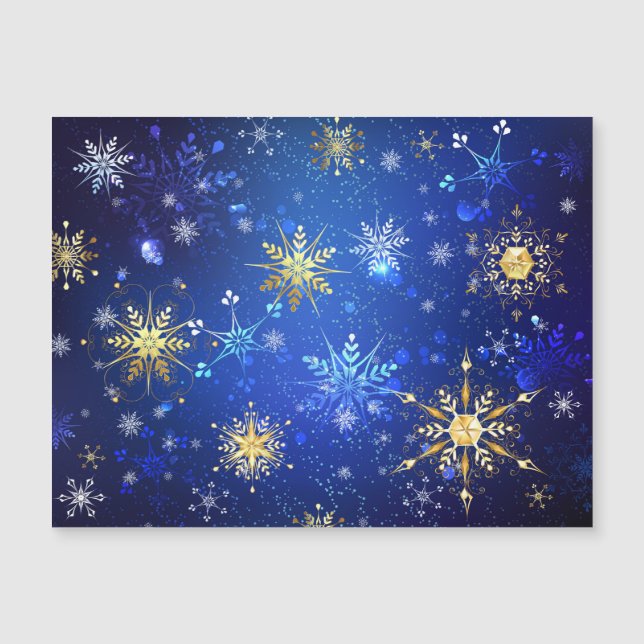 Invitation Magnétique Fond bleu de Noël avec flocons d'or (Devant)