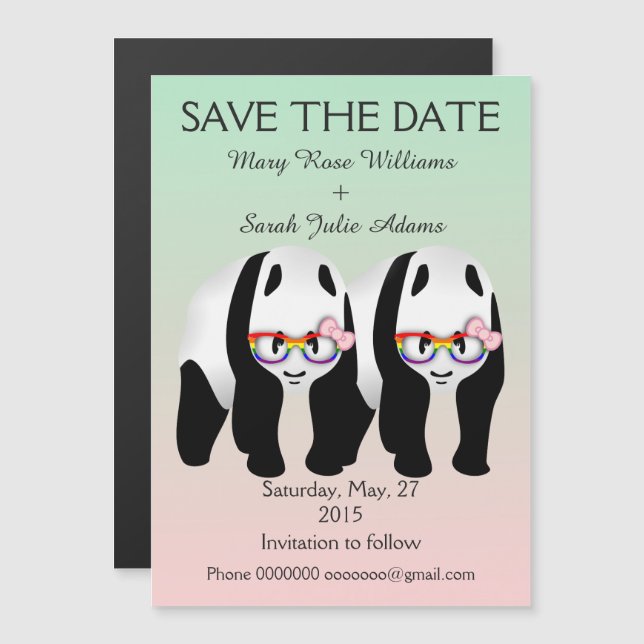 Invitation Magnétique Fun Lesbian Panda Bears Mariage Enregistrer La Dat (Devant / Derrière)