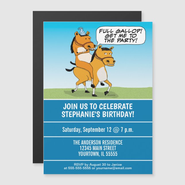 Invitation Magnétique Funny Horse Riding Horse Fête d'anniversaire (Devant / Derrière)