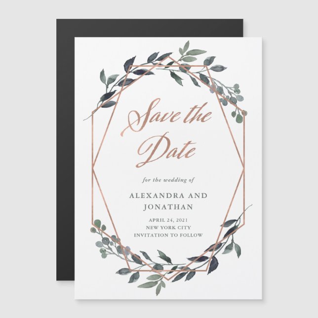 Invitation Magnétique Geo vert | Rose Gold Enregistrer la date (Devant / Derrière)