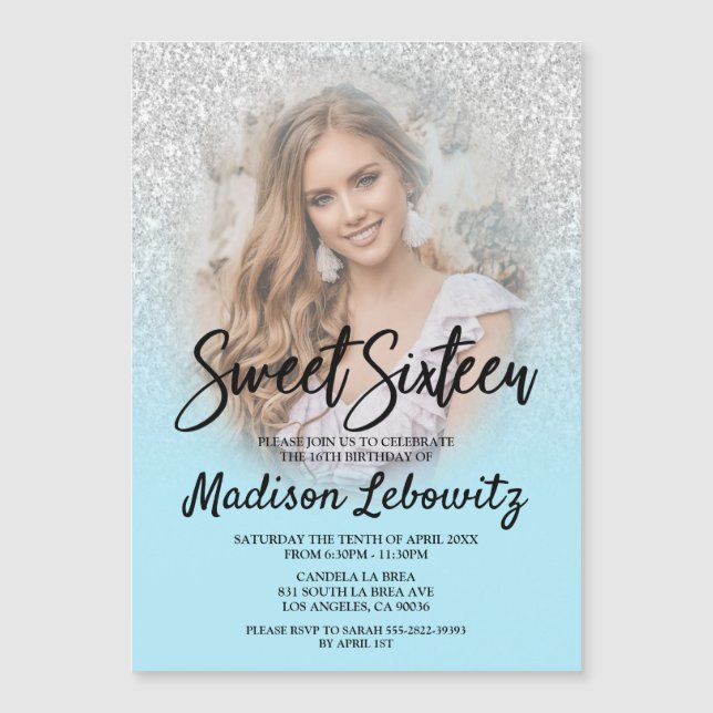 Invitation Magnétique Glam Baby Blue & Parties scintillant Sweet 16 Invi (Devant)