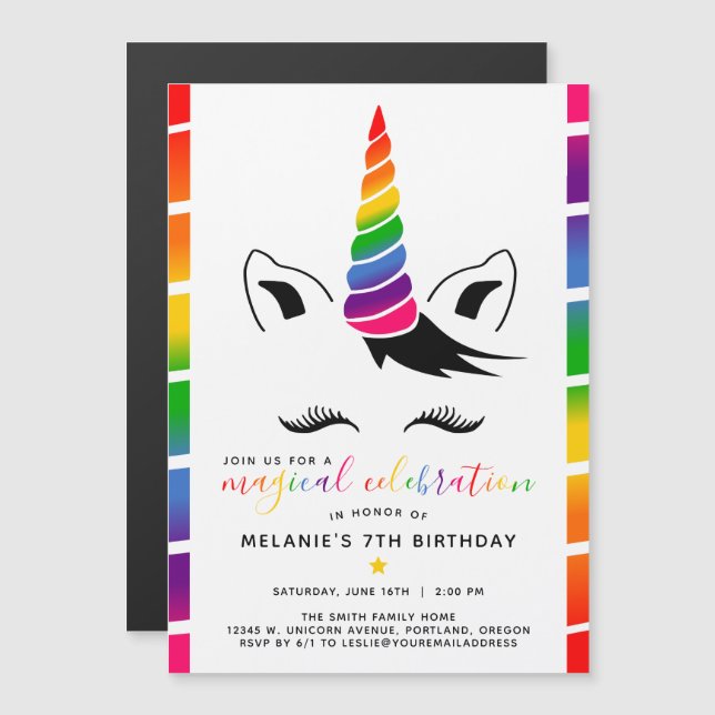 Invitation Magnétique Glam Rainbow Unicorn fête d'anniversaire (Devant / Derrière)