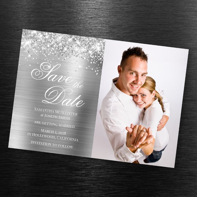 Invitation Magnétique Glittery Silver Foil Photo Enregistrer la date (Créateur téléchargé)