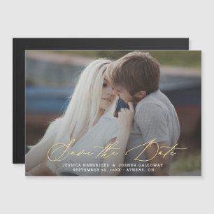 Invitation Magnétique Gold Calligraphy Overlay Photo Enregistrer la date