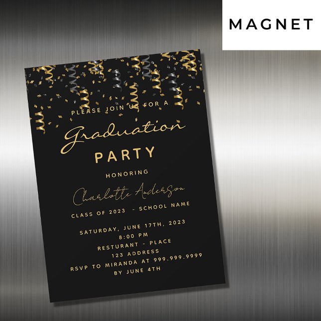 Invitation Magnétique Graduation fête noir serpentins or luxe (Créateur téléchargé)