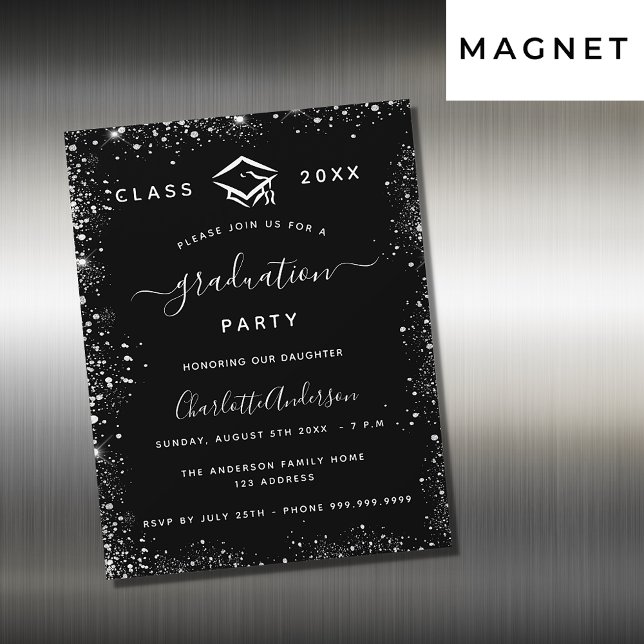 Invitation Magnétique Graduation noir argent parties scintillant luxe (Créateur téléchargé)