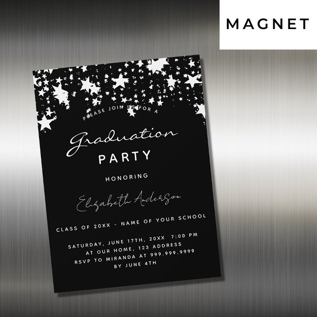 Invitation Magnétique Graduation party noir blanc étoiles luxe magnétiqu (Créateur téléchargé)