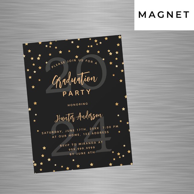 Invitation Magnétique Graduation party or noir année étoiles luxe (Créateur téléchargé)