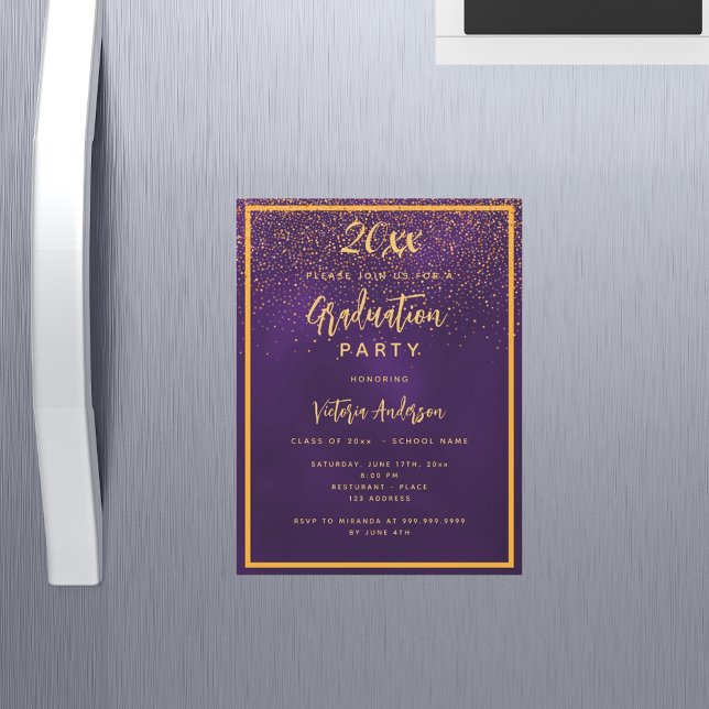 Invitation Magnétique Graduation party or violet confetti luxe 2025 (Créateur téléchargé)