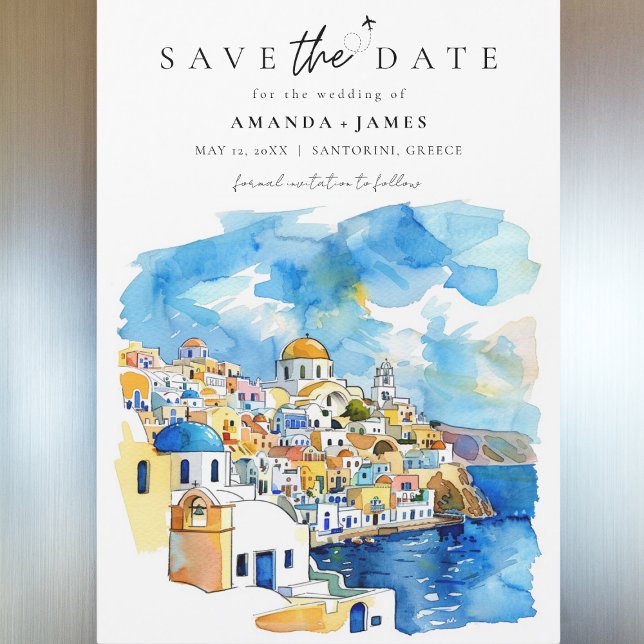 Invitation Magnétique Grèce élégante, mariage de destination, Sauvegarde (Save the Date magnet featuring a watercolor illustration of Santorini, Greece, with vibrant blue.)