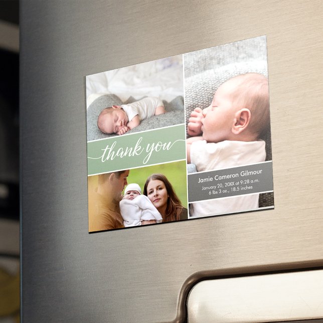Invitation Magnétique Green Minimalist photos Nouveau-né Nom Baby shower (Fridge magnet baby photo collage thank you announcement birth stat card.)