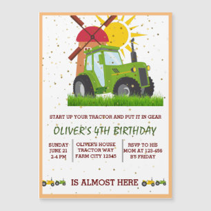 Invitation Magnétique Green Tractor Boys Thème Anniversaire Fête