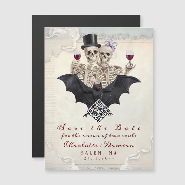 Invitation Magnétique Halloween Gothique QR CODE Enregistrer La Date Mar (Devant / Derrière)