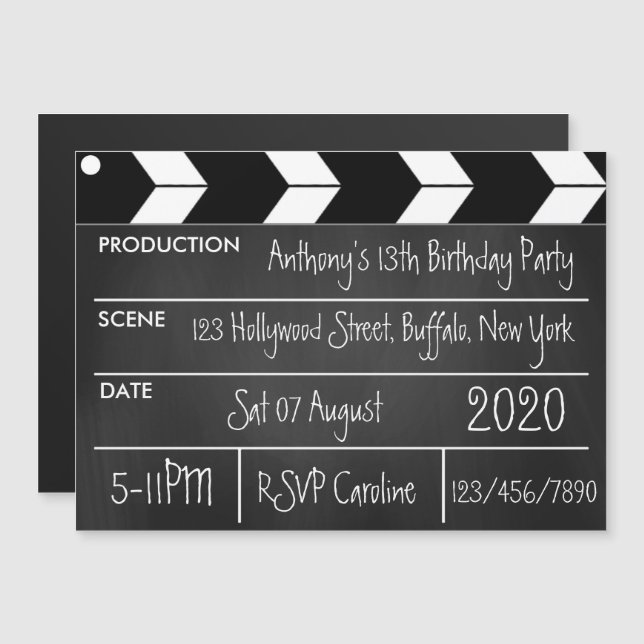 Invitation Magnétique Hollywood Movie Thème Anniversaire Partie Chalkboa (Devant / Derrière)